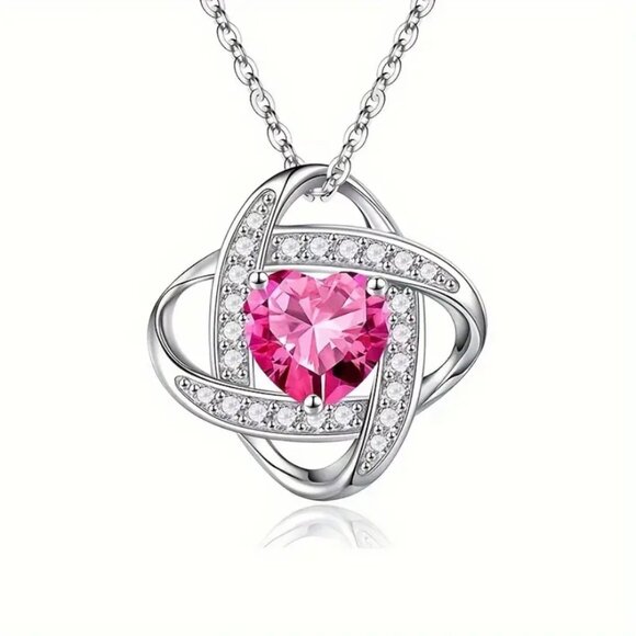 925 Silver Womens 1ct Diamond 2ct Rose Red Ruby Gemstone Twisted Knot Necklace